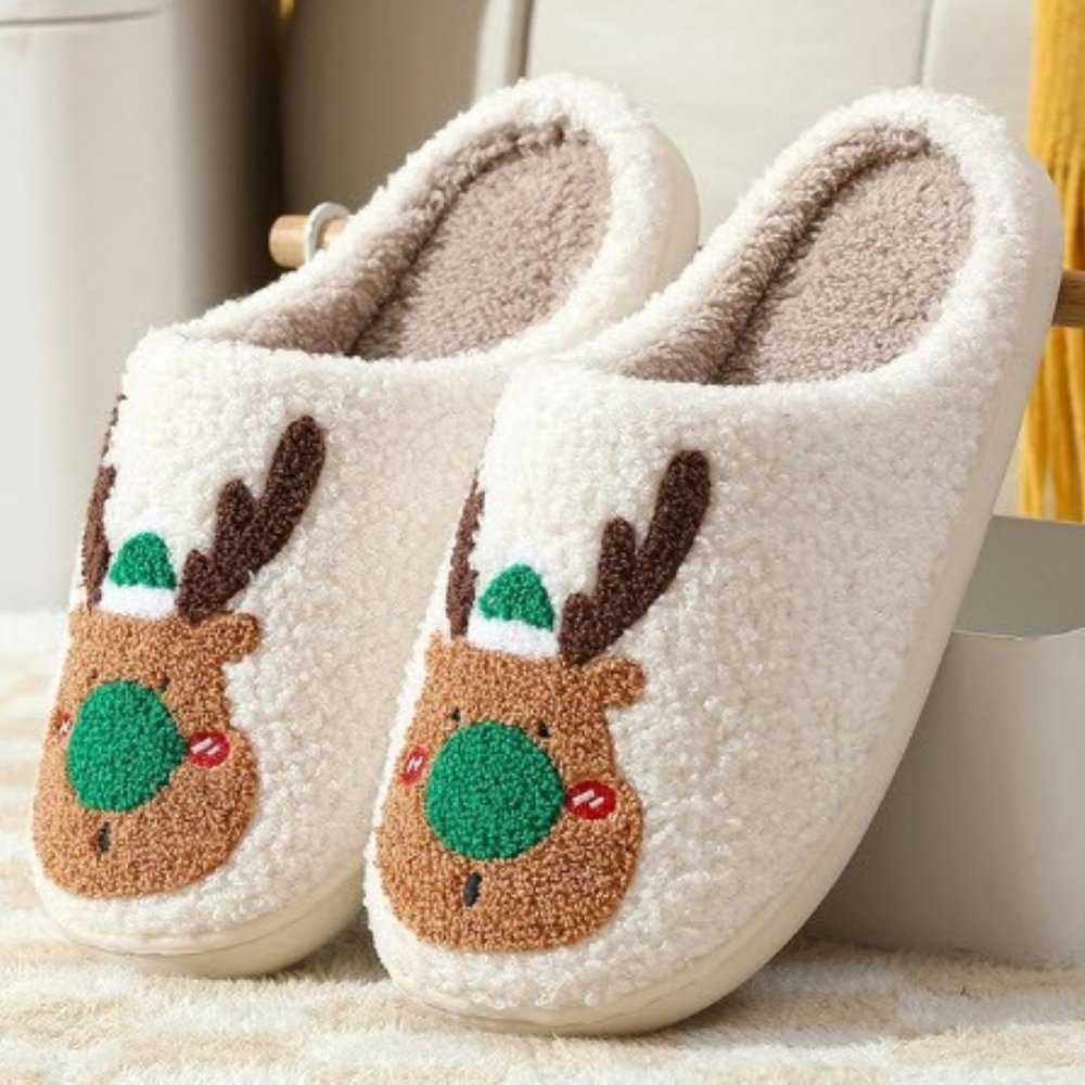 Indoor Reindeer Christmas Holiday Slippers with Soles
